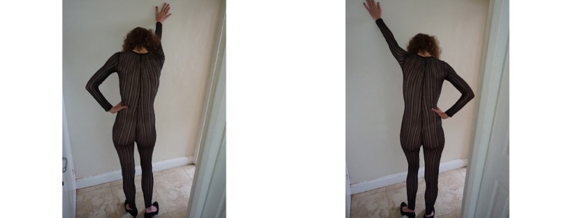 Front and back covers of the book “Sexiest at 50: PTSD PhD Marie” showing Marie from behind posing in a sexy black lace body suit and high heeled black suede pumps in mirror images or chiral chemistry arrangement, one with her right arm extended, and the other with her left arm extended.